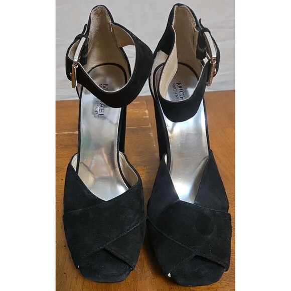 Michael Michael Kors Black Suede Heels Pumps Size 8.5 Peep Toe Platform Shoes - Picture 2 of 8